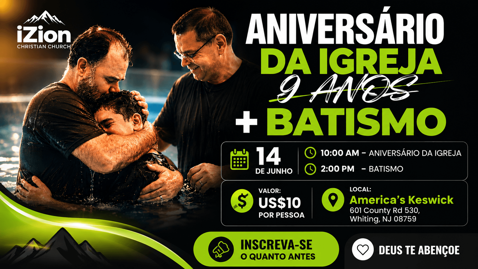 Cartaz de evento com batismos e comemoração do aniversário da igreja