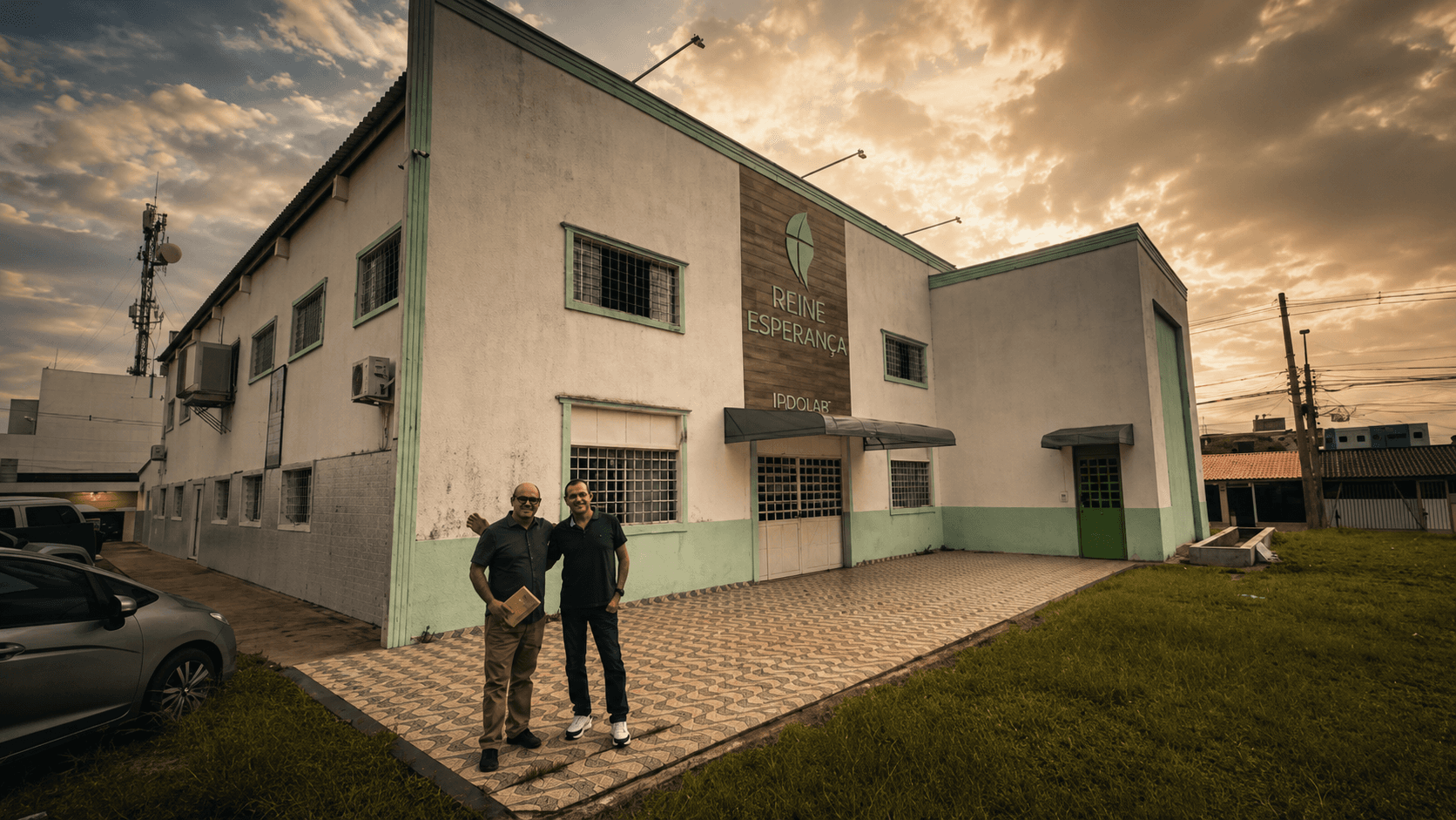 Dois homens em pe na frente de um prédio baixo